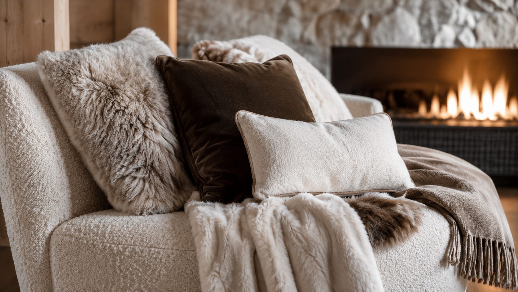 Warm textiles and soft materials for senior residences: throw, cushions and comfortable seating