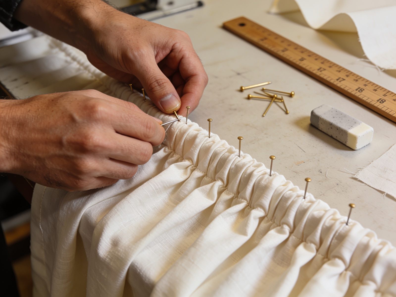 Mains d’artisan épinglant un pli de rideau en lin dans l’atelier