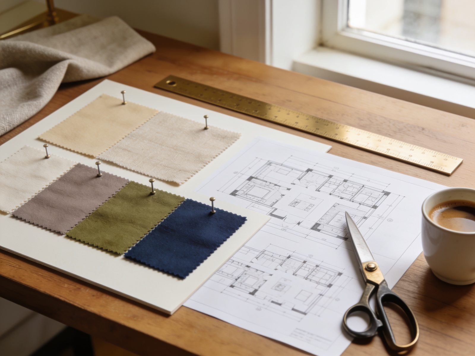 Table du bureau d’étude : moodboard tissus, plans et échantillons